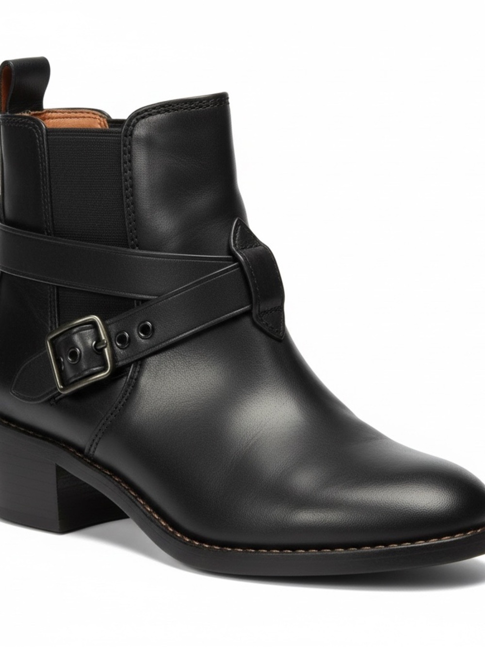 Coach Black Leather Ankle Boot with Buckle Strap